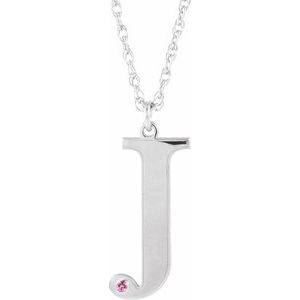 Engravable Imitation Pink Tourmaline Initial J 18" Necklace