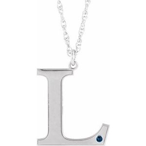 Engravable Imitation Blue Sapphire Initial L 18" Necklace