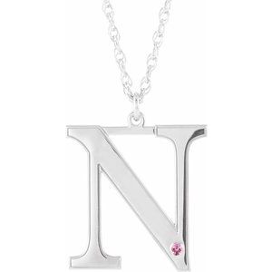 Engravable Imitation Pink Tourmaline Initial N 18" Necklace