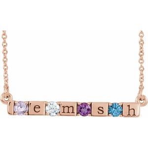 14K Rose Gold 4-Stone Family Engravable Bar 16-18" Necklace Mounting