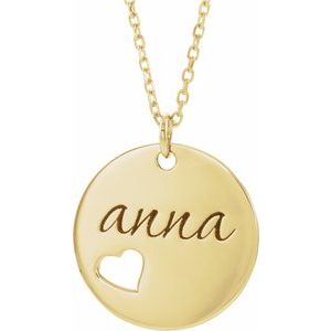 14K Yellow Gold Engravable Pierced Heart Disc 16-18" Necklace