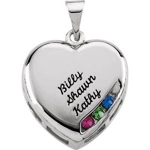 14K White Gold 3-Stone Engravable Family Heart Pendant Mounting