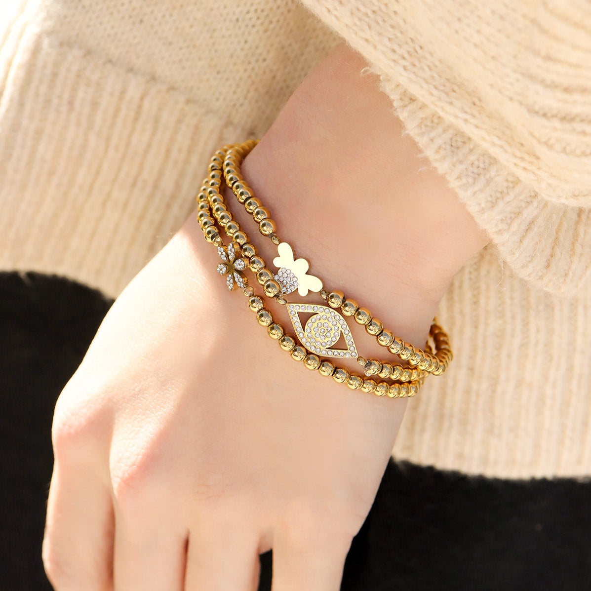 18K Gold PVD Stainless Steel Stone Flower Metal Beaded Stretch Bracelet / BRJ1020