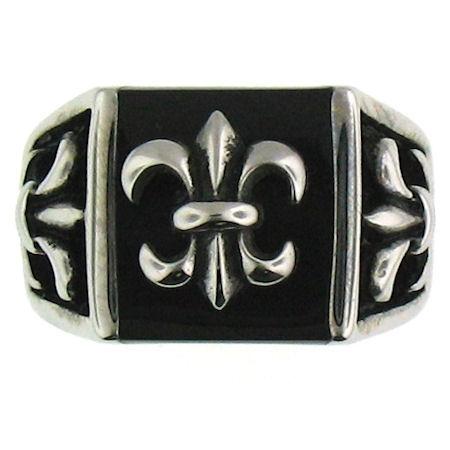 Stainless Steel Polished Black Fleur De Lis Signet Ring / SCR3040