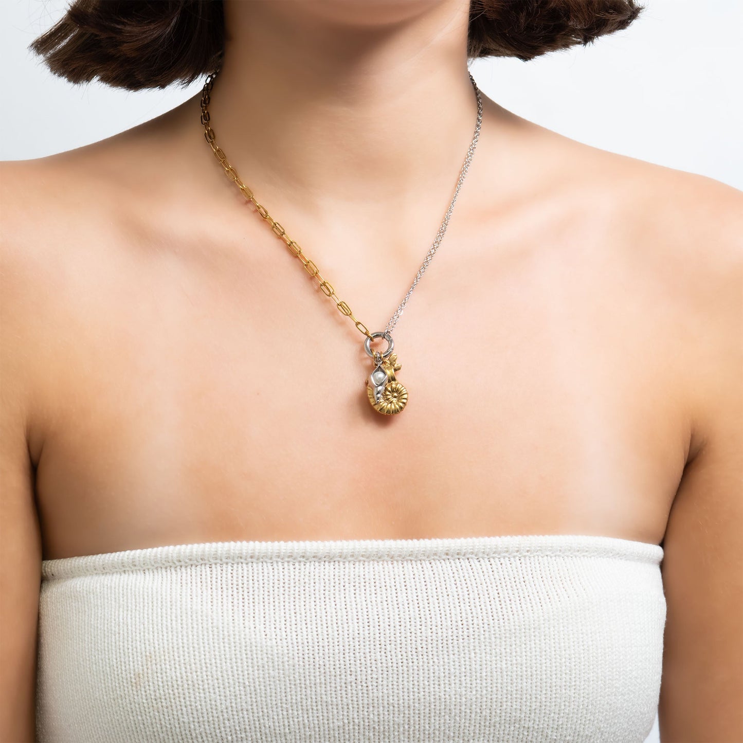 Mixed Metal Double Chain Charm Holder Necklace / CHN0137