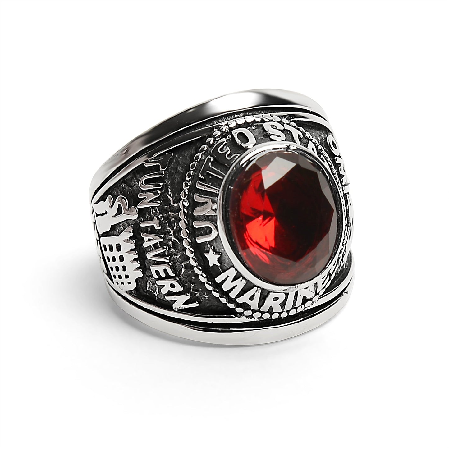Stainless Steel United States Marine Corp Military Men's Ring with Red Stone / MCR4046