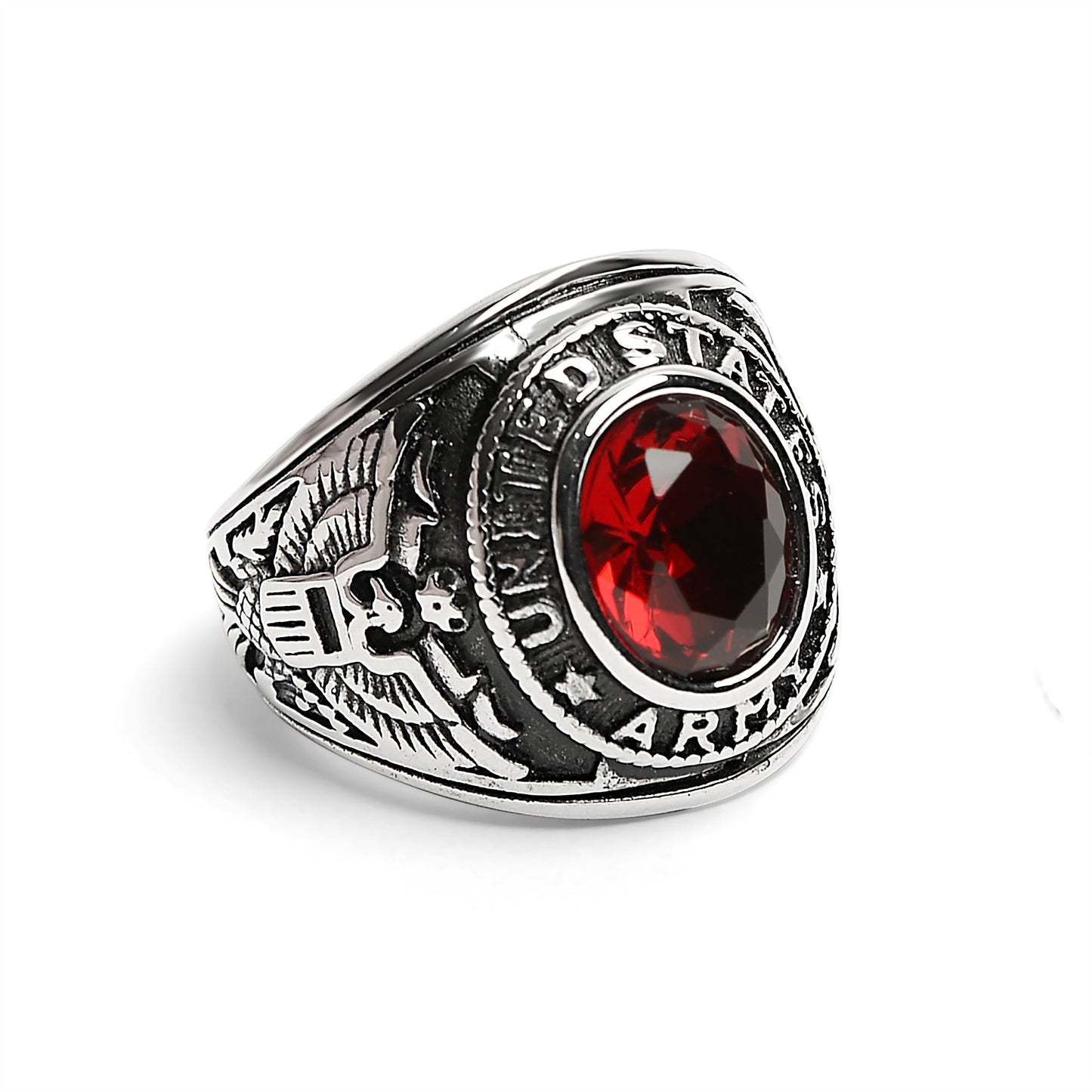 Stainless Steel United States Army Red Center Stone Ring / MCR6006