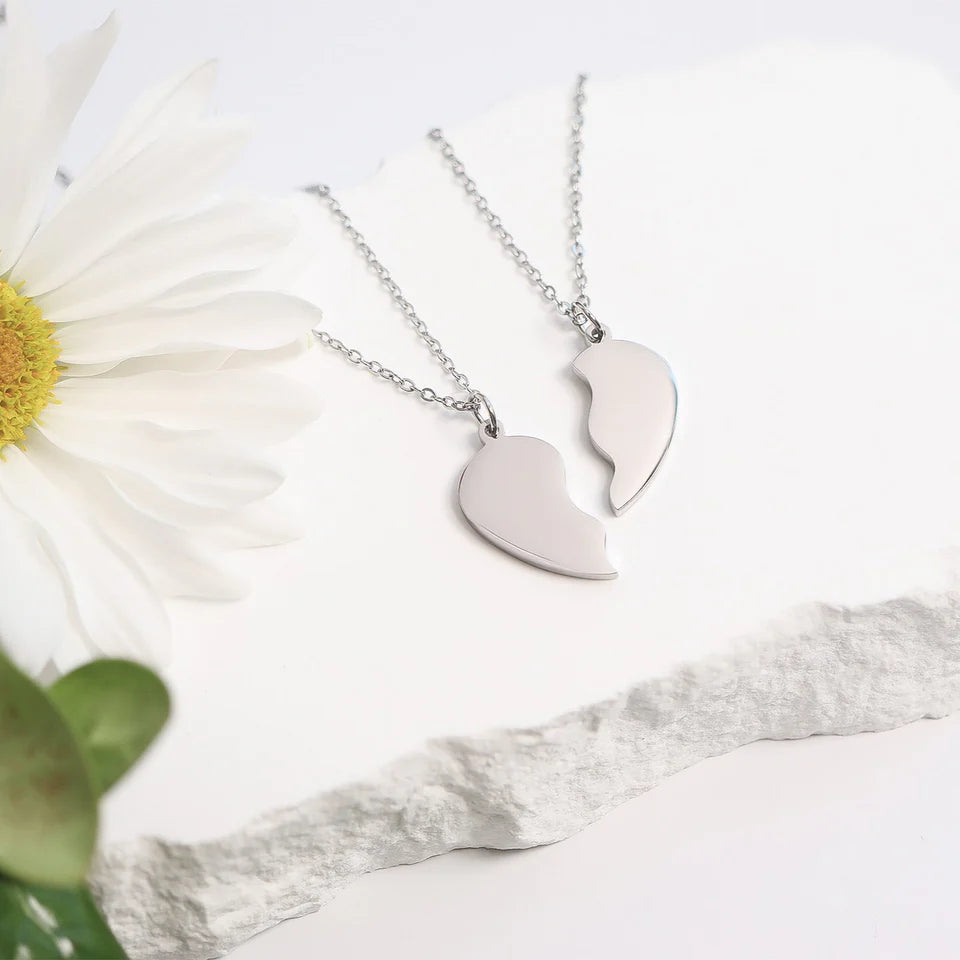 Personalizable Break Apart Engravable Blank Heart Necklace Set