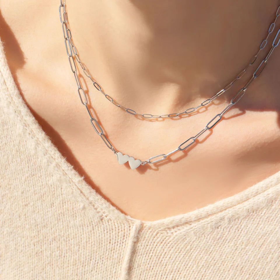 Customizable Stainless Steel Engravable 2 Heart Paperclip Necklace