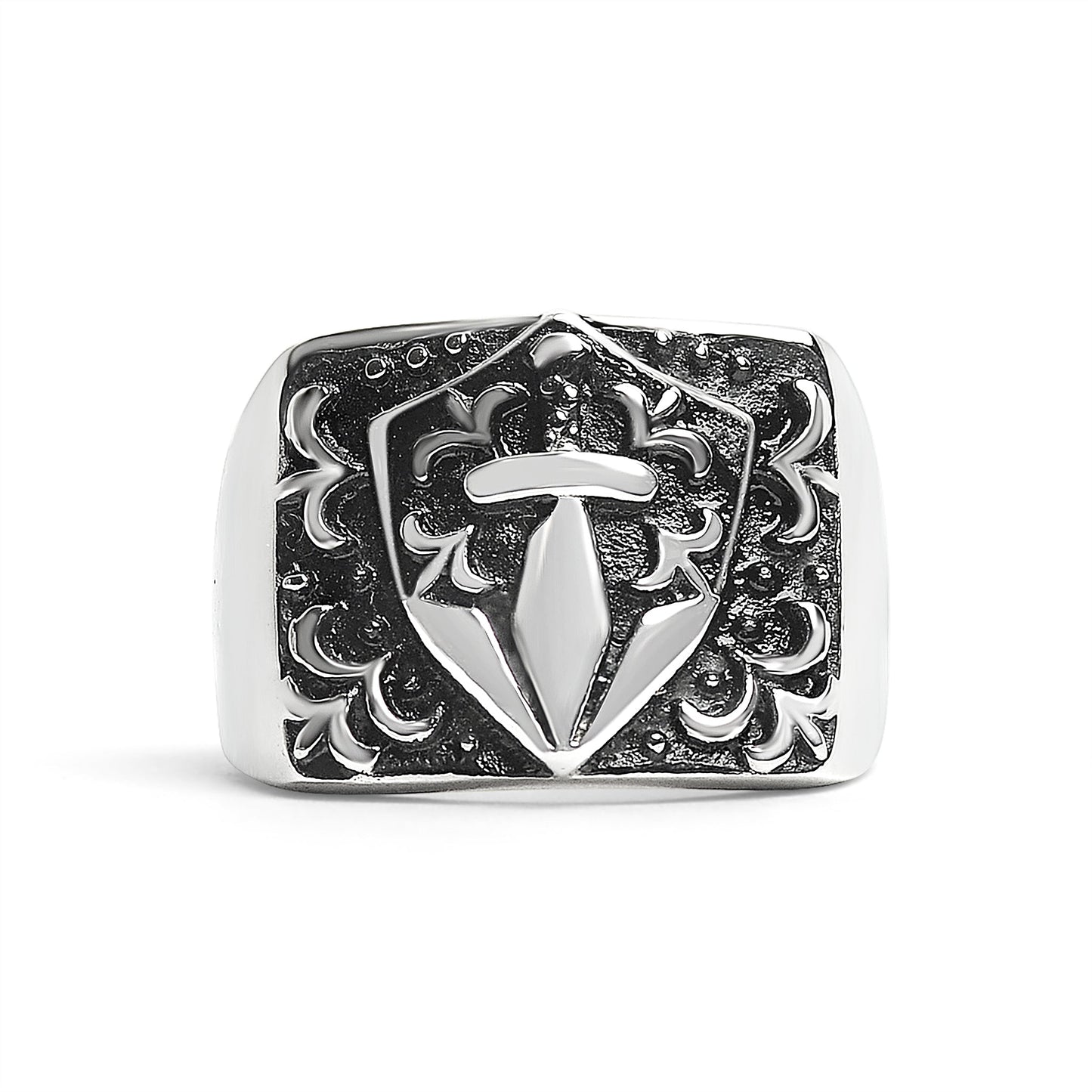 Stainless Steel Sword And Fleur De Lis Signet Ring / SCR2218