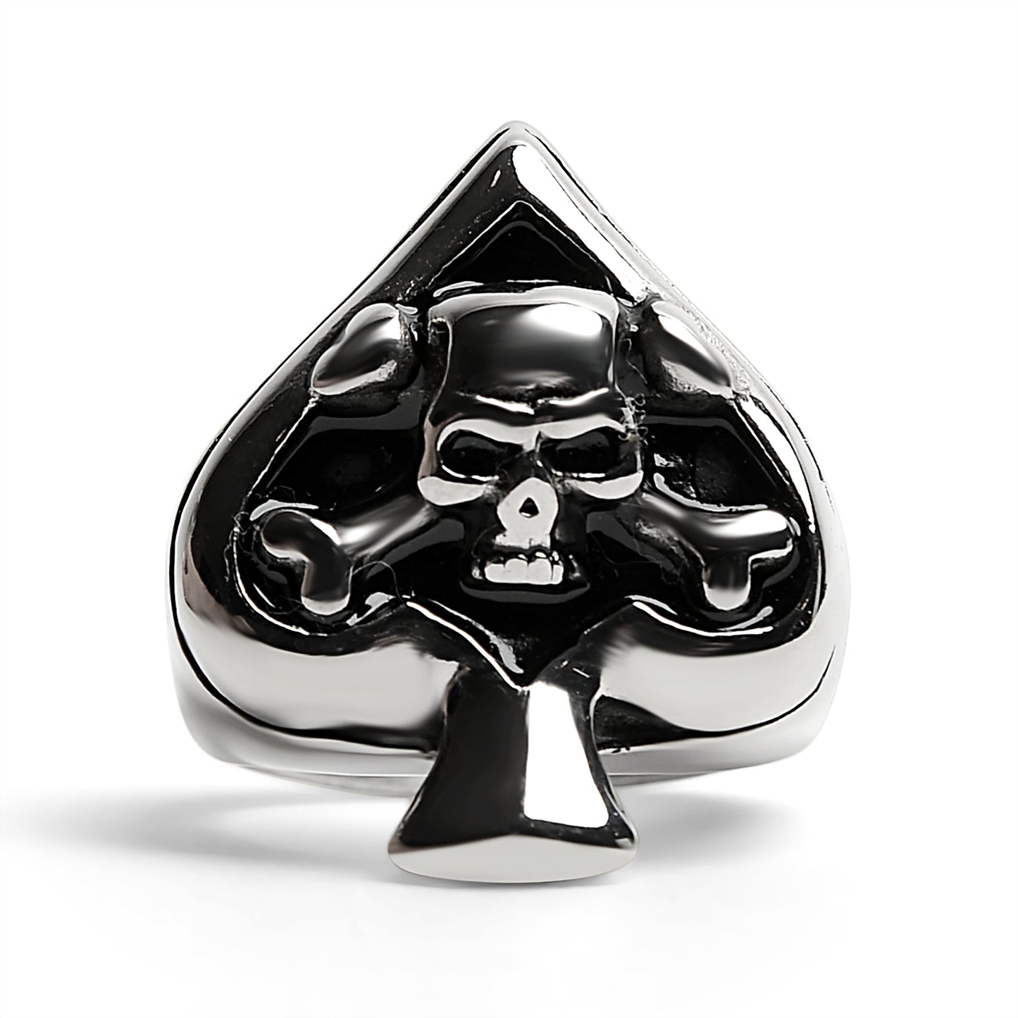 Stainless Steel Polished Skull of Spades Ace Signet Ring / SCR3070