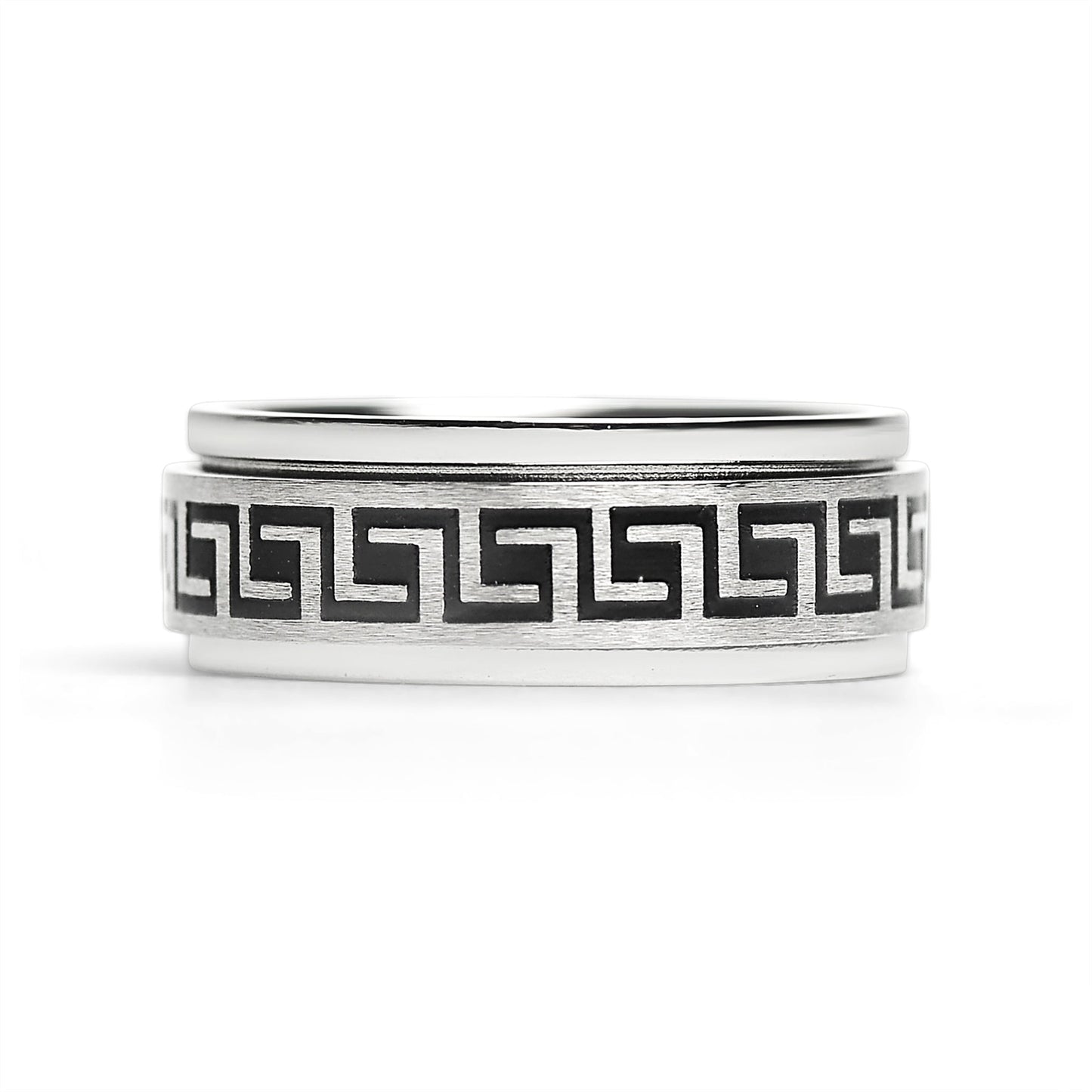 Stainless Steel Black Greek Key Spinner Center Polished Ring / SRJ2056