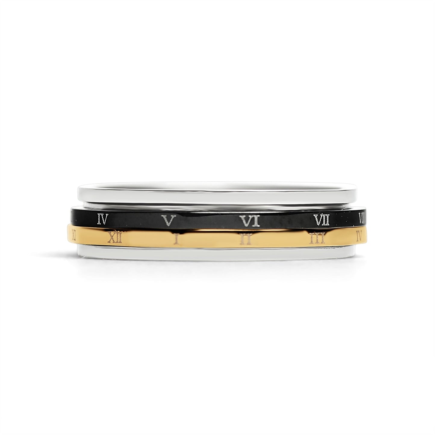 18K Gold PVD Stainless Steel & Black Roman Numerals Spinner Ring / SSU011