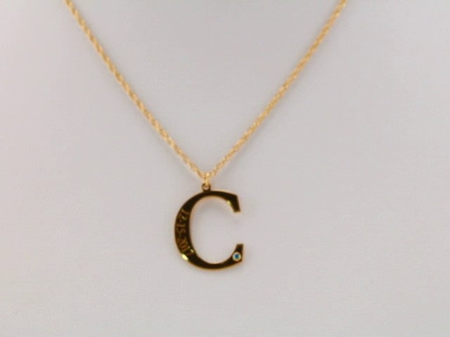 10K Yellow Gold Engravable Imitation Blue Zircon Initial C 18" Necklace