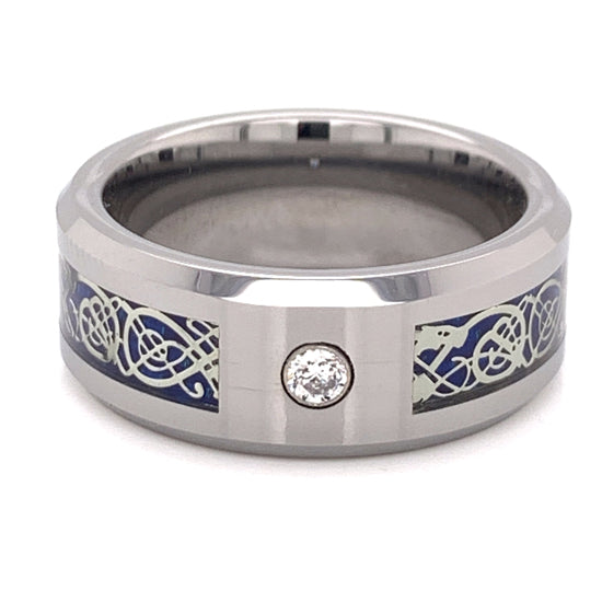 Blue Decorative Center With Clear CZ Stone Tungsten Comfort Fit Ring / TGR1014