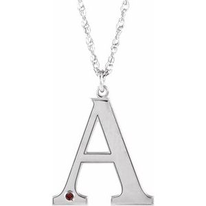 10K White Gold Engravable Imitation Mozambique Garnet Initial A 18" Necklace