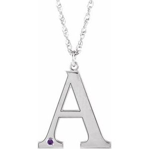 10K White Gold Engravable Imitation Amethyst Initial A 18" Necklace