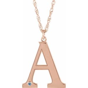 14K Rose Gold Engravable Imitation Aquamarine Initial A 18" Necklace