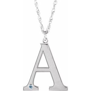 10K White Gold Engravable Imitation Aquamarine Initial A 18" Necklace