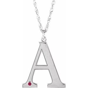 14K White Gold Engravable Imitation Ruby Initial A 18" Necklace