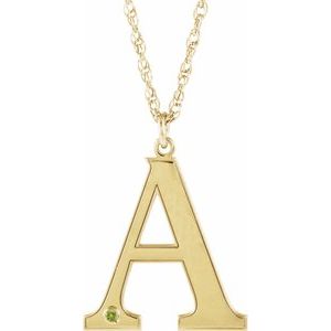 10K Yellow Gold Engravable Imitation Peridot Initial A 18" Necklace