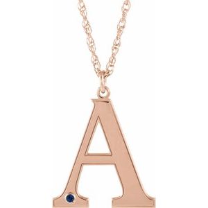 14K Rose Gold Engravable Imitation Blue Sapphire Initial A 18" Necklace
