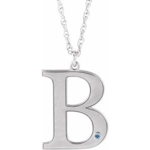 14K White Gold Engravable Imitation Aquamarine Initial B 18" Necklace