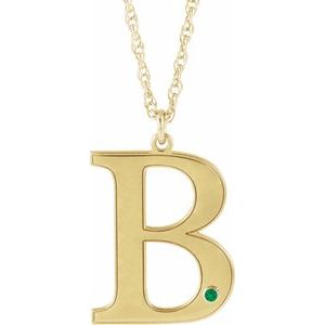 10K Yellow Gold Engravable Imitation Emerald Initial B 18" Necklace