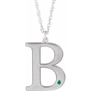 10K White Gold Engravable Imitation Emerald Initial B 18" Necklace