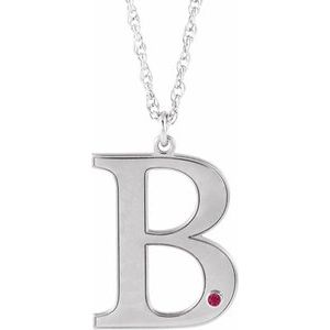 Rhodium-Plated Sterling Silver Engravable Imitation Ruby Initial B 18" Necklace