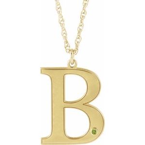 10K Yellow Gold Engravable Imitation Peridot Initial B 18" Necklace