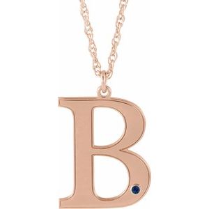 14K Rose Gold Engravable Imitation Blue Sapphire Initial B 18" Necklace