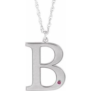 Rhodium-Plated Sterling Silver Engravable Imitation Pink Tourmaline Initial B 18" Necklace
