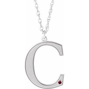 10K White Gold Engravable Imitation Mozambique Garnet Initial C 18" Necklace
