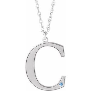 14K White Gold Engravable Imitation Aquamarine Initial C 18" Necklace