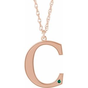 14K Rose Gold Engravable Imitation Emerald Initial C 18" Necklace