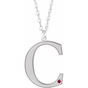 14K White Gold Engravable Imitation Ruby Initial C 18" Necklace