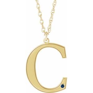 10K Yellow Gold Engravable Imitation Blue Sapphire Initial C 18" Necklace