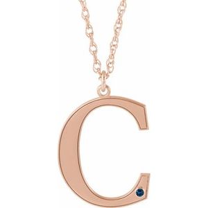 14K Rose Gold Engravable Imitation Blue Sapphire Initial C 18" Necklace