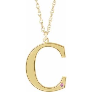10K Yellow Gold Engravable Imitation Pink Tourmaline Initial C 18" Necklace