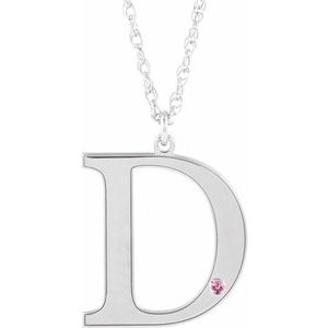 10K White Gold Engravable Imitation Pink Tourmaline Initial D 18" Necklace