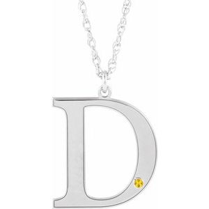 14K White Gold Engravable Imitation Citrine Initial D 18" Necklace