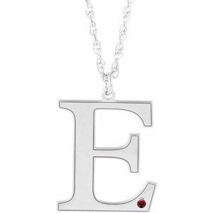 10K White Gold Engravable Imitation Mozambique Garnet Initial E 18" Necklace