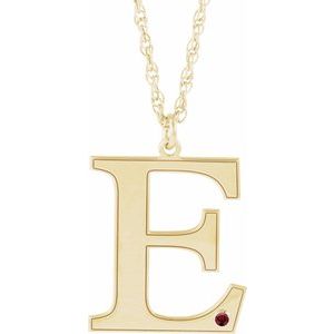 10K Yellow Gold Engravable Imitation Mozambique Garnet Initial E 18" Necklace