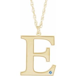 14K Yellow Gold Engravable Imitation Aquamarine Initial E 18" Necklace