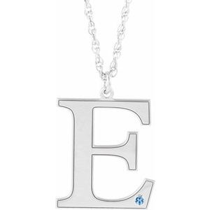 10K White Gold Engravable Imitation Aquamarine Initial E 18" Necklace