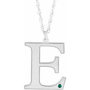 Rhodium-Plated Sterling Silver Engravable Imitation Emerald Initial E 18" Necklace