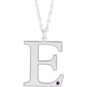 10K White Gold Engravable Imitation Alexandrite Initial E 18" Necklace