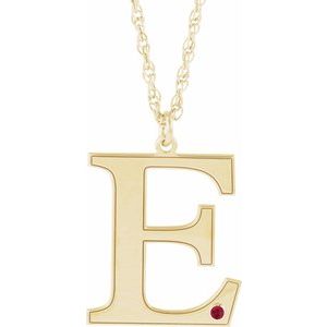 14K Yellow Gold Engravable Imitation Ruby Initial E 18" Necklace