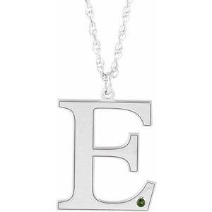 14K White Gold Engravable Imitation Peridot Initial E 18" Necklace